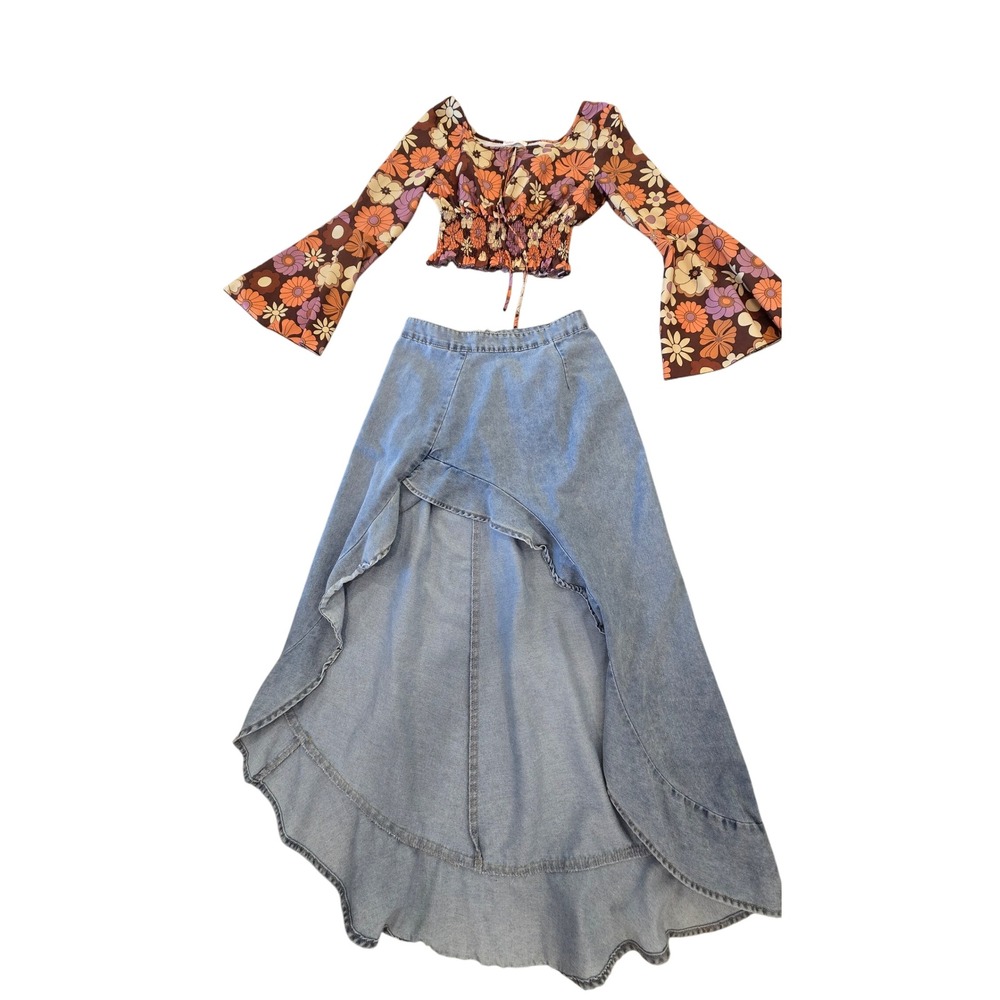 Romwe Floral Bell Sleeve Top & Shein Denim High Low Maxi Skirt Set S 28